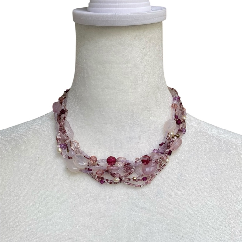 Monet Vintage Purple Tone Beaded & Ribbon Short Necklace